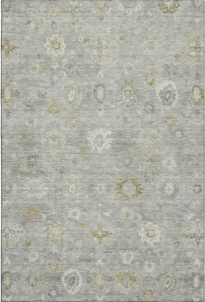 Gray Gold And Ivory Damask Washable Area Rug With UV Protection Photo 1