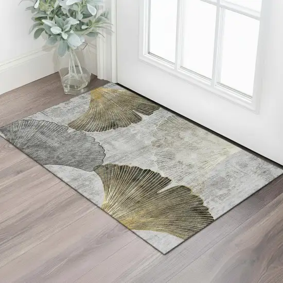 Gray Gold And Ivory Floral Washable Area Rug With UV Protection Photo 1