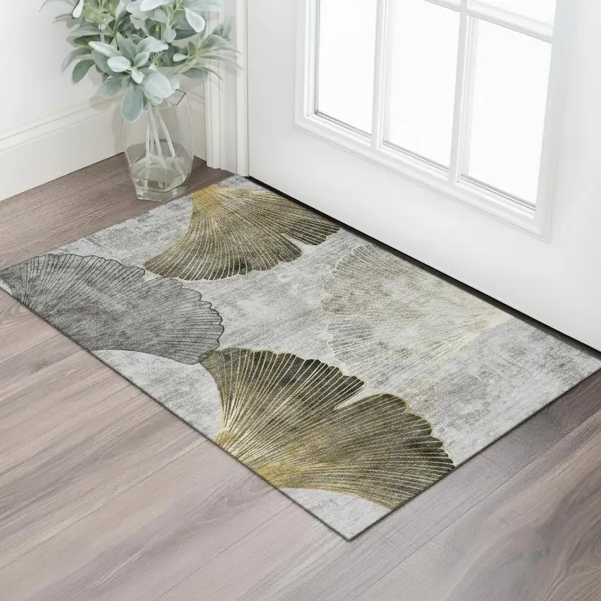 Gray Gold And Ivory Floral Washable Area Rug With UV Protection Photo 1