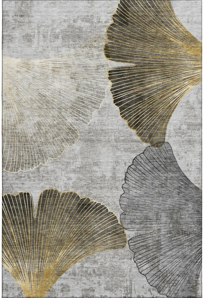 Gray Gold And Ivory Floral Washable Area Rug With UV Protection Photo 1