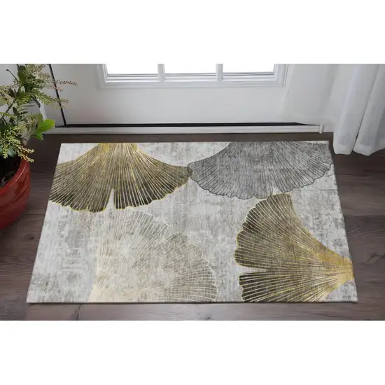 Gray Gold And Ivory Floral Washable Area Rug With UV Protection Photo 2