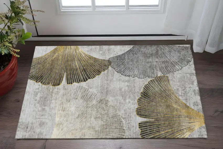 Gray Gold And Ivory Floral Washable Area Rug With UV Protection Photo 2