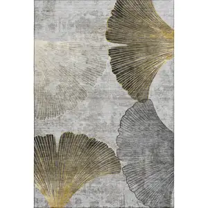 Photo of Gray Gold And Ivory Floral Washable Area Rug With UV Protection