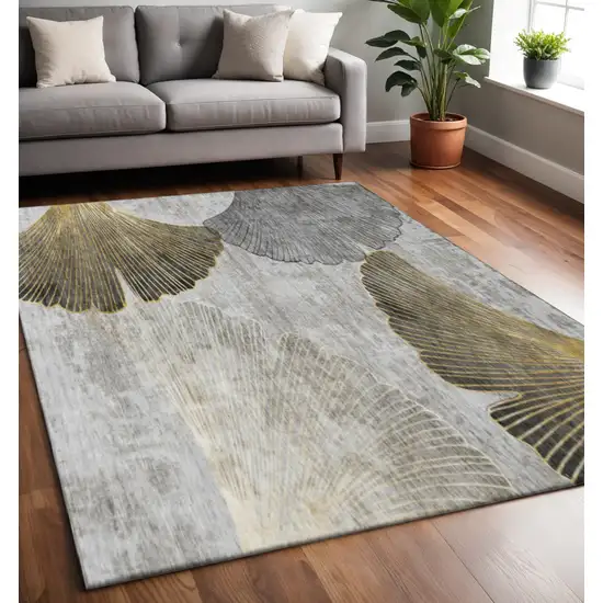 Gray Gold And Ivory Floral Washable Area Rug With UV Protection Photo 2