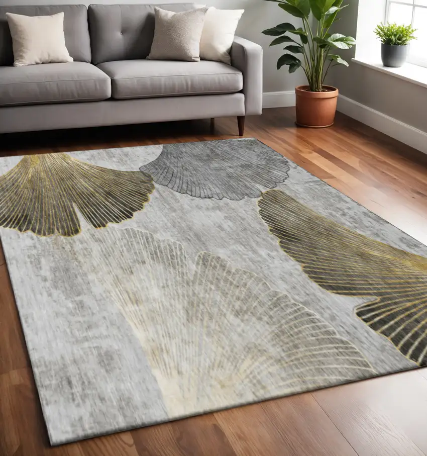 Gray Gold And Ivory Floral Washable Area Rug With UV Protection Photo 2