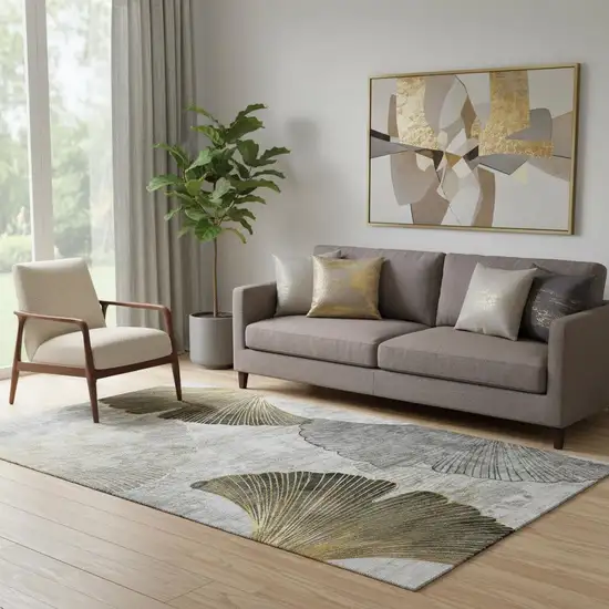 Gray Gold And Ivory Floral Washable Area Rug With UV Protection Photo 1