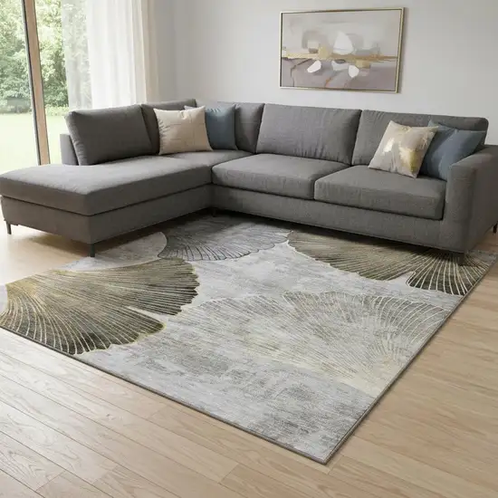 Gray Gold And Ivory Floral Washable Area Rug With UV Protection Photo 1