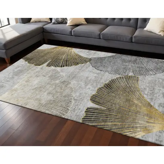 Gray Gold And Ivory Floral Washable Area Rug With UV Protection Photo 2