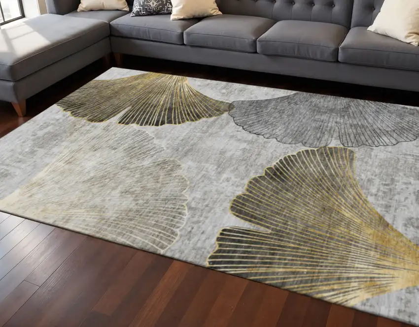 Gray Gold And Ivory Floral Washable Area Rug With UV Protection Photo 2