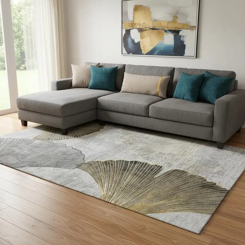 Gray Gold And Ivory Floral Washable Area Rug With UV Protection Photo 1