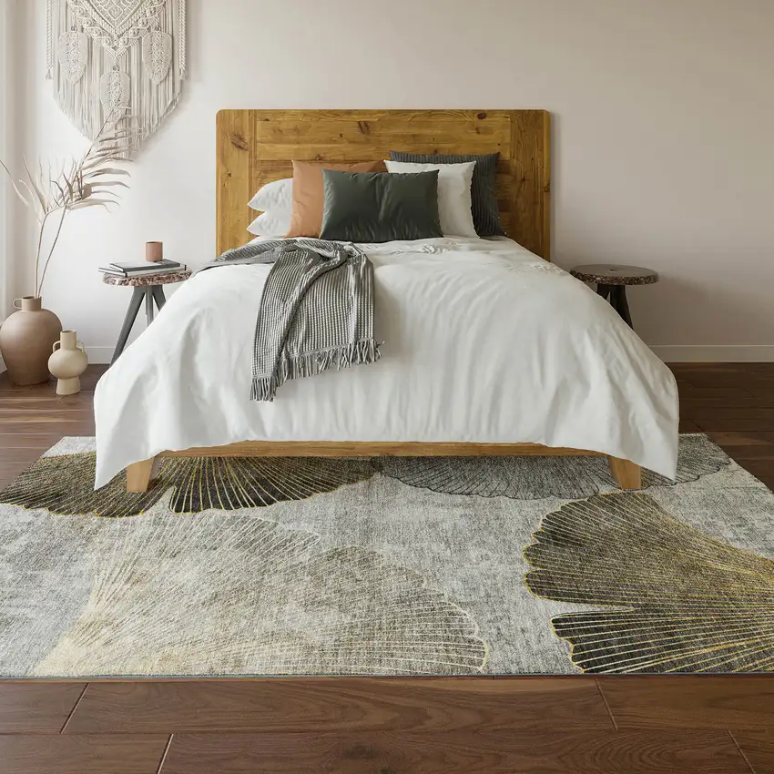 Gray Gold And Ivory Floral Washable Area Rug With UV Protection Photo 6