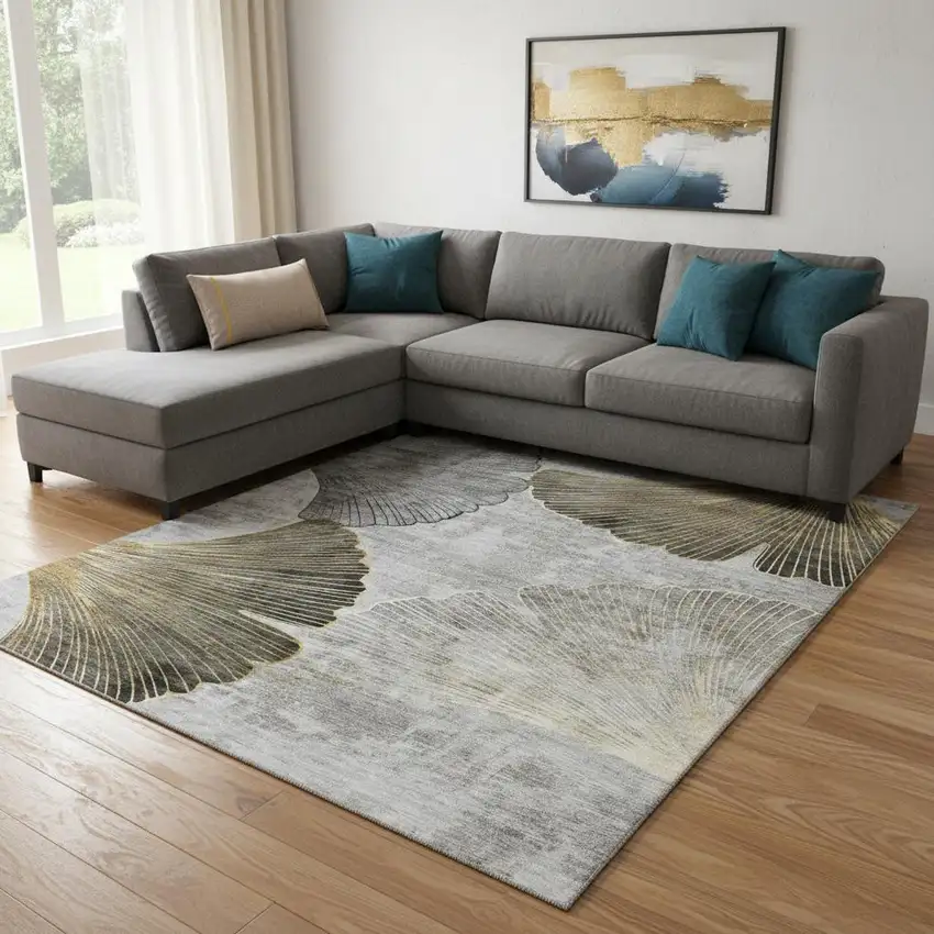 Gray Gold And Ivory Floral Washable Area Rug With UV Protection Photo 1