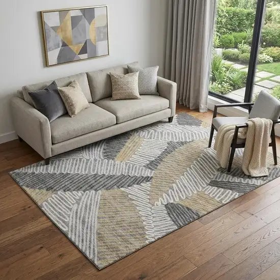 Gray Gold And Ivory Floral Washable Area Rug With UV Protection Photo 1