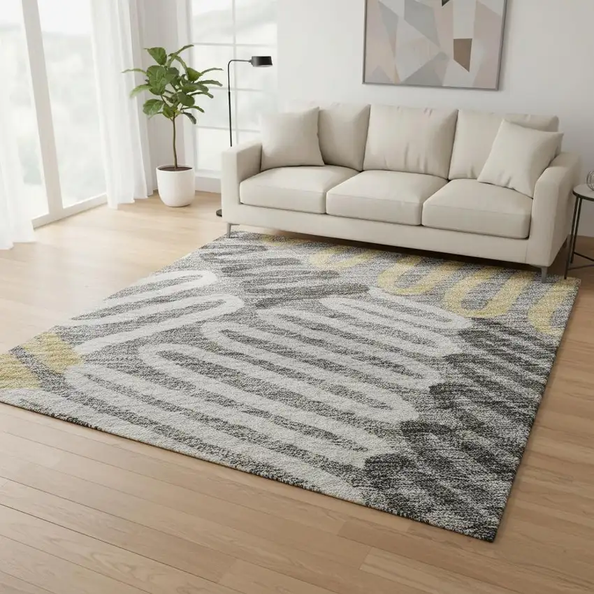 Gray Gold And Ivory Floral Washable Area Rug With UV Protection Photo 2