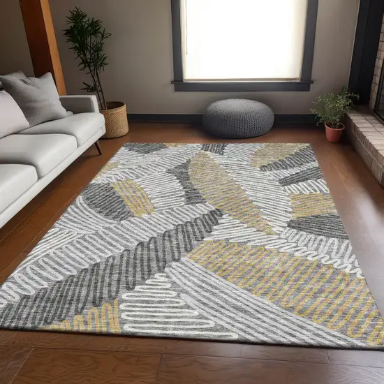 Gray Gold And Ivory Floral Washable Area Rug With UV Protection Photo 4