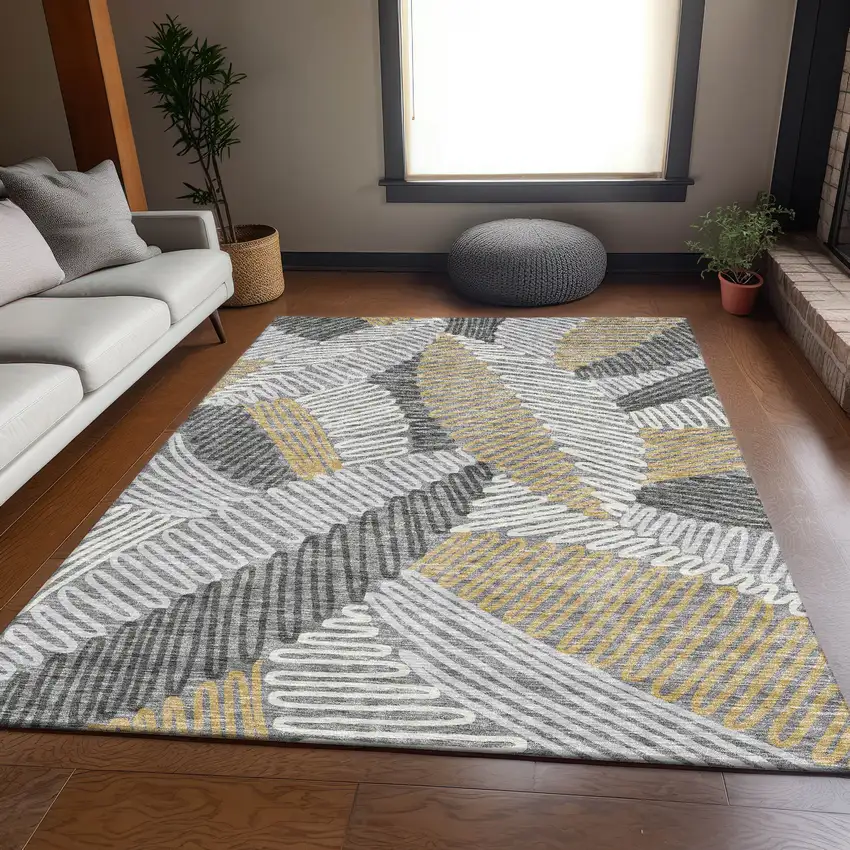 Gray Gold And Ivory Floral Washable Area Rug With UV Protection Photo 4