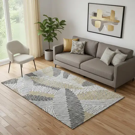 Gray Gold And Ivory Floral Washable Area Rug With UV Protection Photo 1