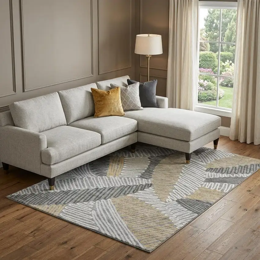 Gray Gold And Ivory Floral Washable Area Rug With UV Protection Photo 1