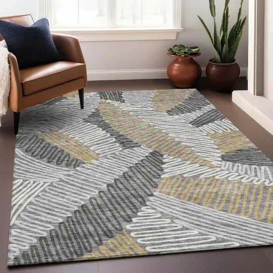 Gray Gold And Ivory Floral Washable Area Rug With UV Protection Photo 3