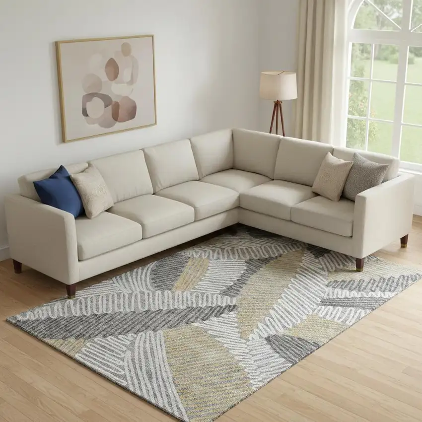 Gray Gold And Ivory Floral Washable Area Rug With UV Protection Photo 1