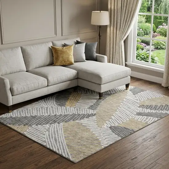 Gray Gold And Ivory Floral Washable Area Rug With UV Protection Photo 1