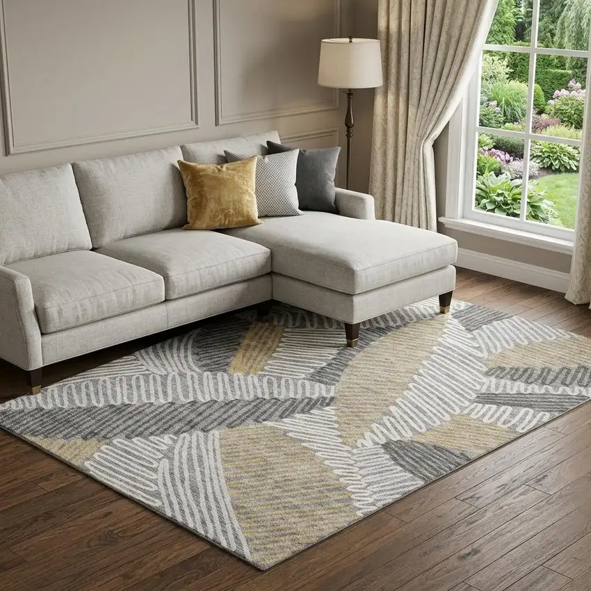 Gray Gold And Ivory Floral Washable Area Rug With UV Protection Photo 1