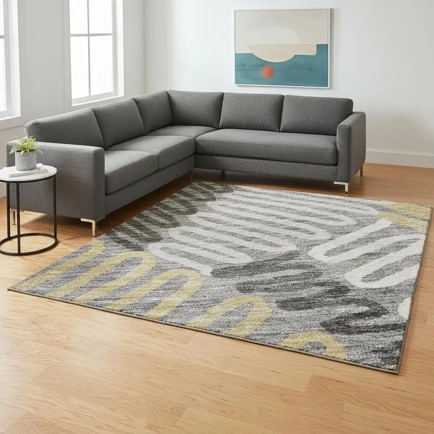 Gray Gold And Ivory Floral Washable Area Rug With UV Protection Photo 2