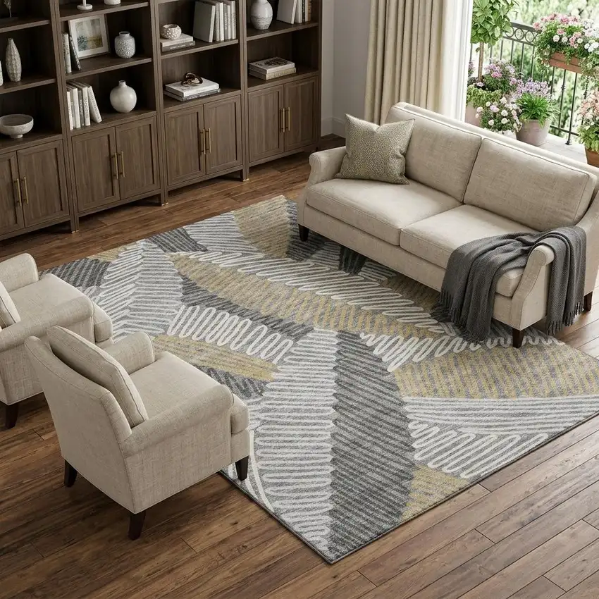Gray Gold And Ivory Floral Washable Area Rug With UV Protection Photo 1
