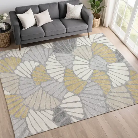 Gray Gold And Ivory Floral Washable Indoor Outdoor Area Rug Photo 5