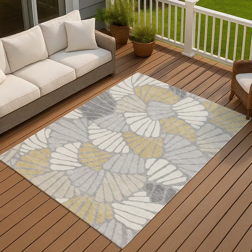 Gray Gold And Ivory Floral Washable Indoor Outdoor Area Rug Photo 4