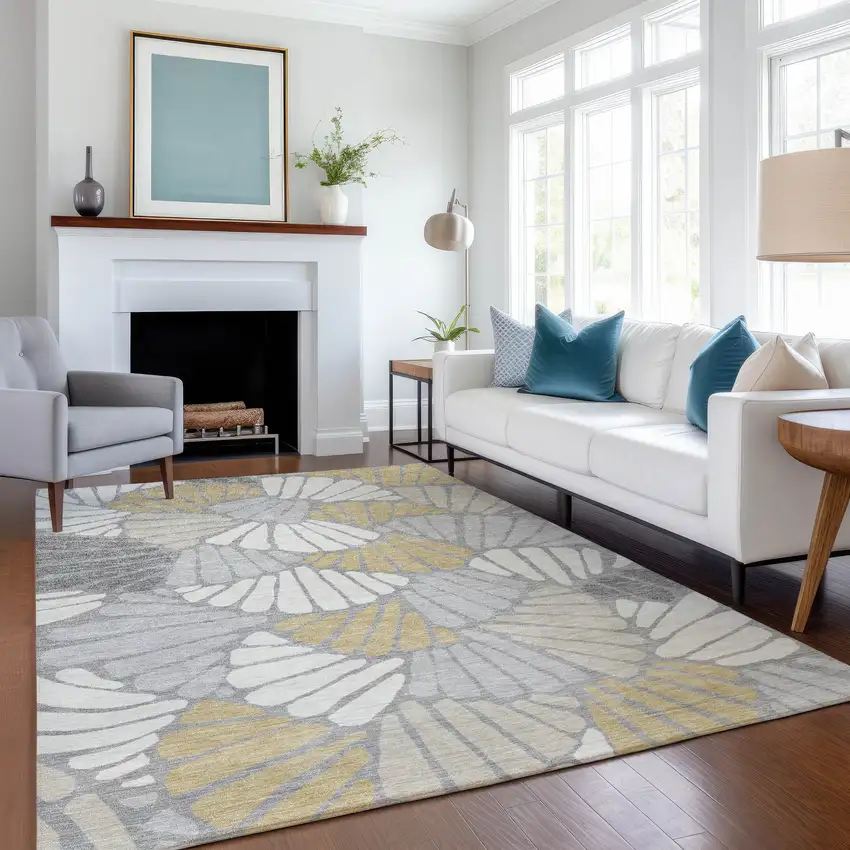 Gray Gold And Ivory Floral Washable Indoor Outdoor Area Rug Photo 6