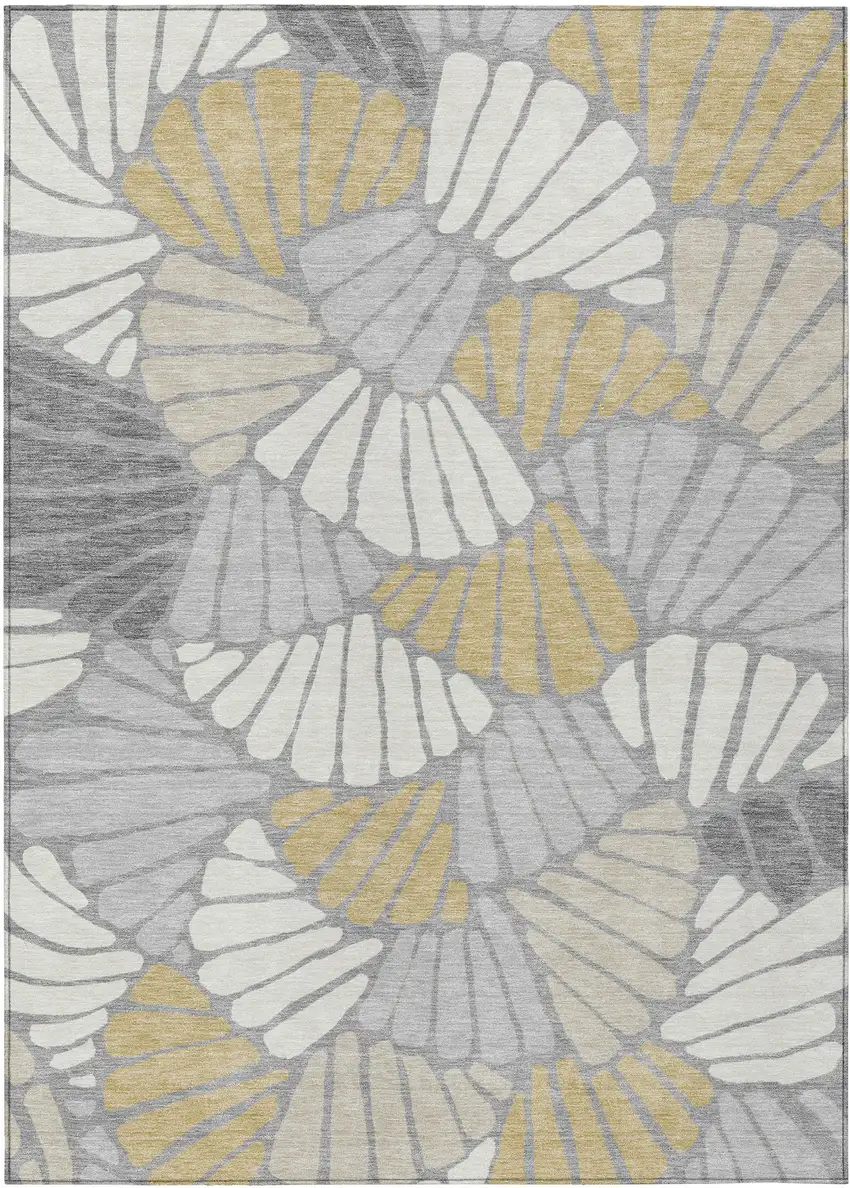 Gray Gold And Ivory Floral Washable Indoor Outdoor Area Rug Photo 1