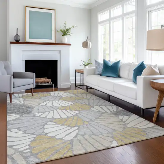 Gray Gold And Ivory Floral Washable Indoor Outdoor Area Rug Photo 6