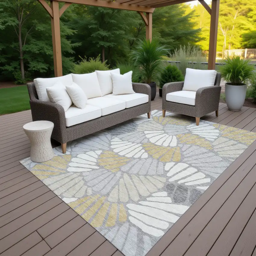 Gray Gold And Ivory Floral Washable Indoor Outdoor Area Rug Photo 7