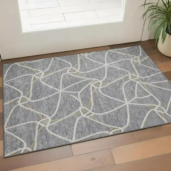 Gray Gold And Ivory Geometric Washable Area Rug With UV Protection Photo 2