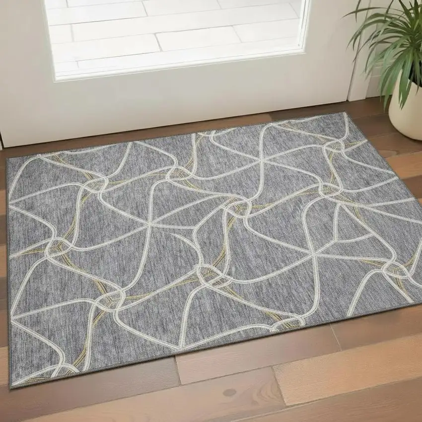 Gray Gold And Ivory Geometric Washable Area Rug With UV Protection Photo 2