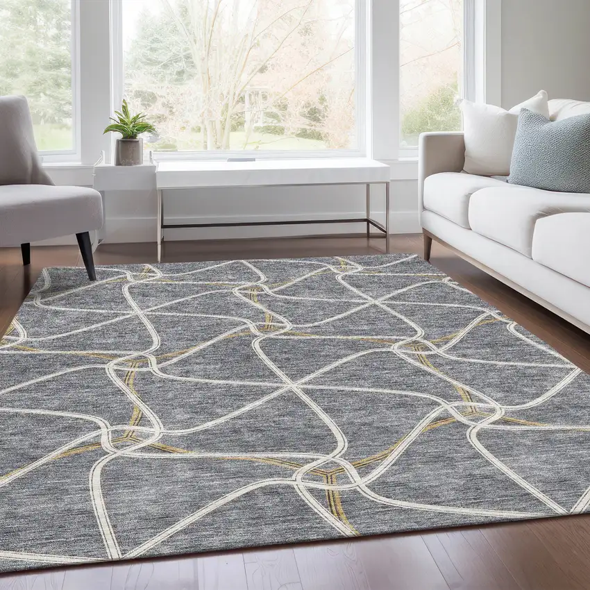 Gray Gold And Ivory Geometric Washable Area Rug With UV Protection Photo 5