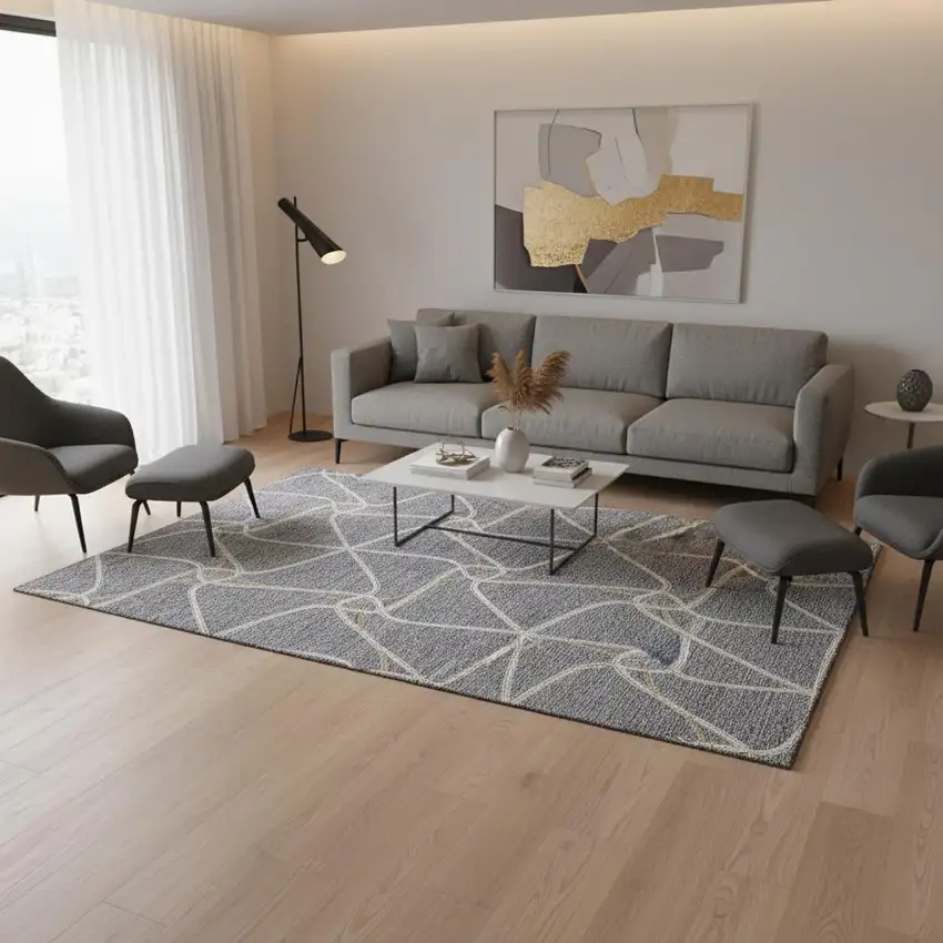 Gray Gold And Ivory Geometric Washable Area Rug With UV Protection Photo 2