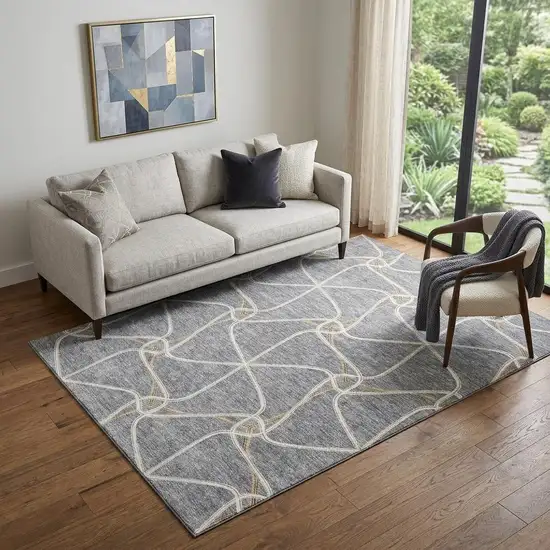 Gray Gold And Ivory Geometric Washable Area Rug With UV Protection Photo 1