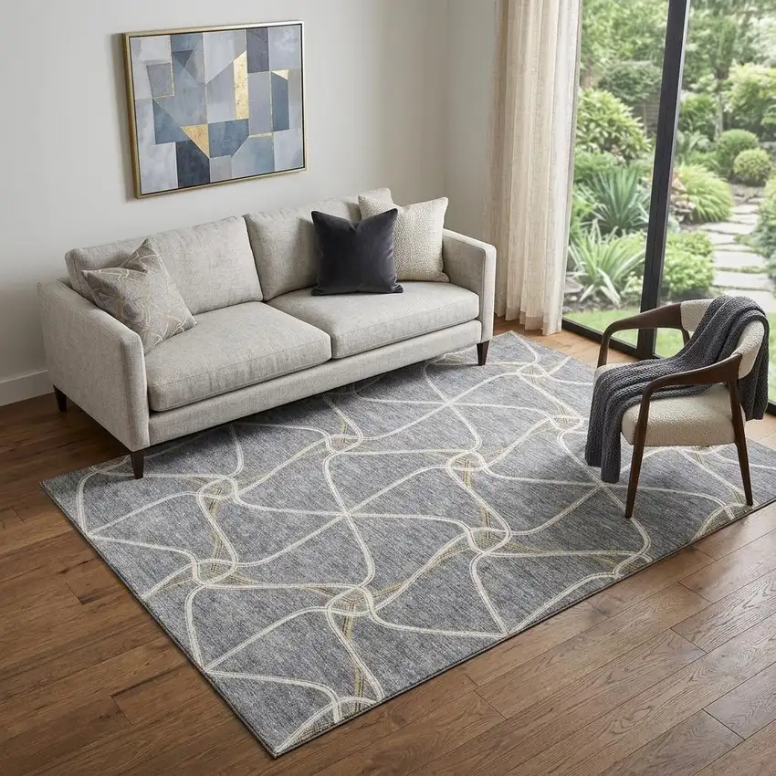 Gray Gold And Ivory Geometric Washable Area Rug With UV Protection Photo 1