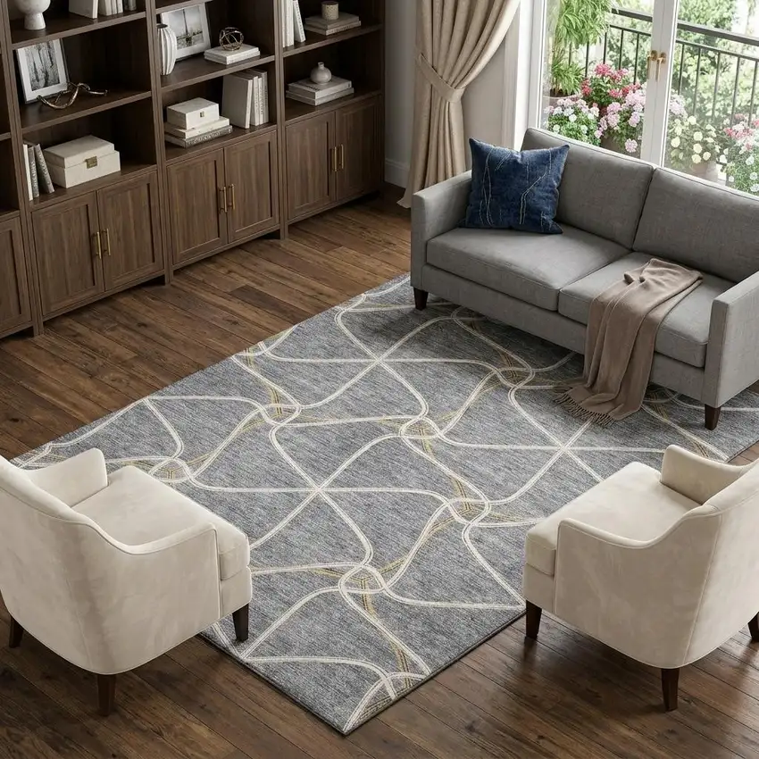 Gray Gold And Ivory Geometric Washable Area Rug With UV Protection Photo 1