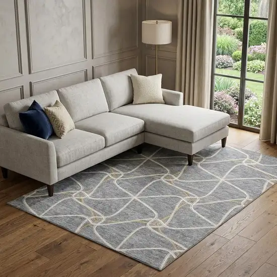 Gray Gold And Ivory Geometric Washable Area Rug With UV Protection Photo 1