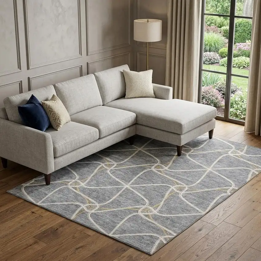 Gray Gold And Ivory Geometric Washable Area Rug With UV Protection Photo 1