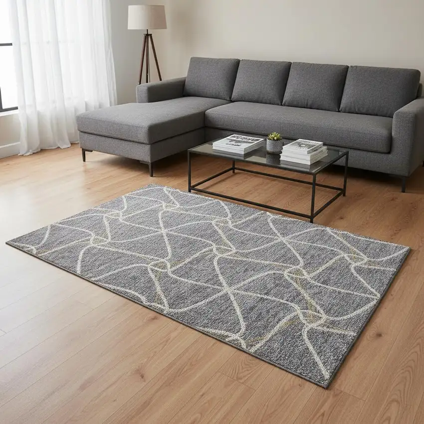 Gray Gold And Ivory Geometric Washable Area Rug With UV Protection Photo 2