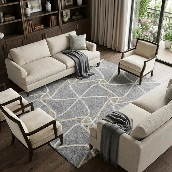 Gray Gold And Ivory Geometric Washable Area Rug With UV Protection Photo 1