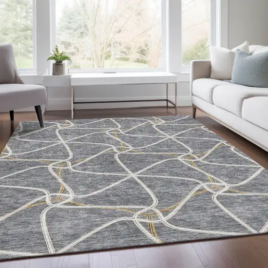 Gray Gold And Ivory Geometric Washable Area Rug With UV Protection Photo 5
