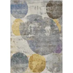 Photo of Gray Gold And Ivory Geometric Washable Indoor Outdoor Area Rug