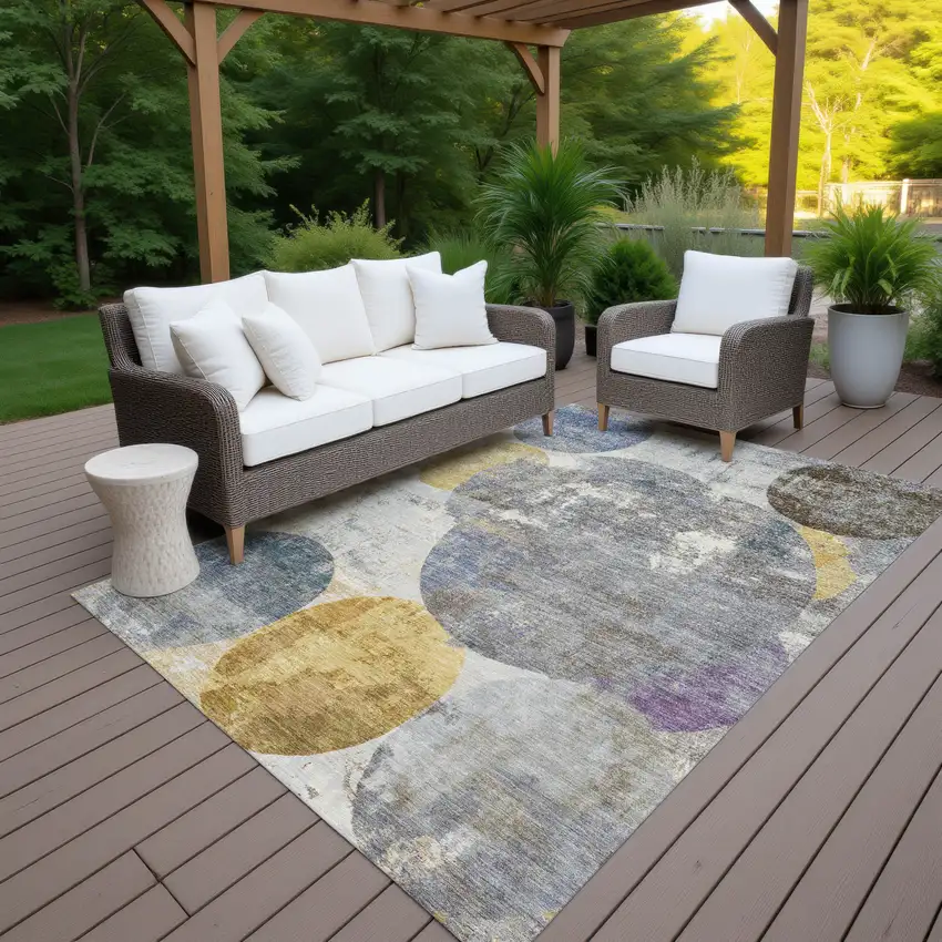 Gray Gold And Ivory Geometric Washable Indoor Outdoor Area Rug Photo 7