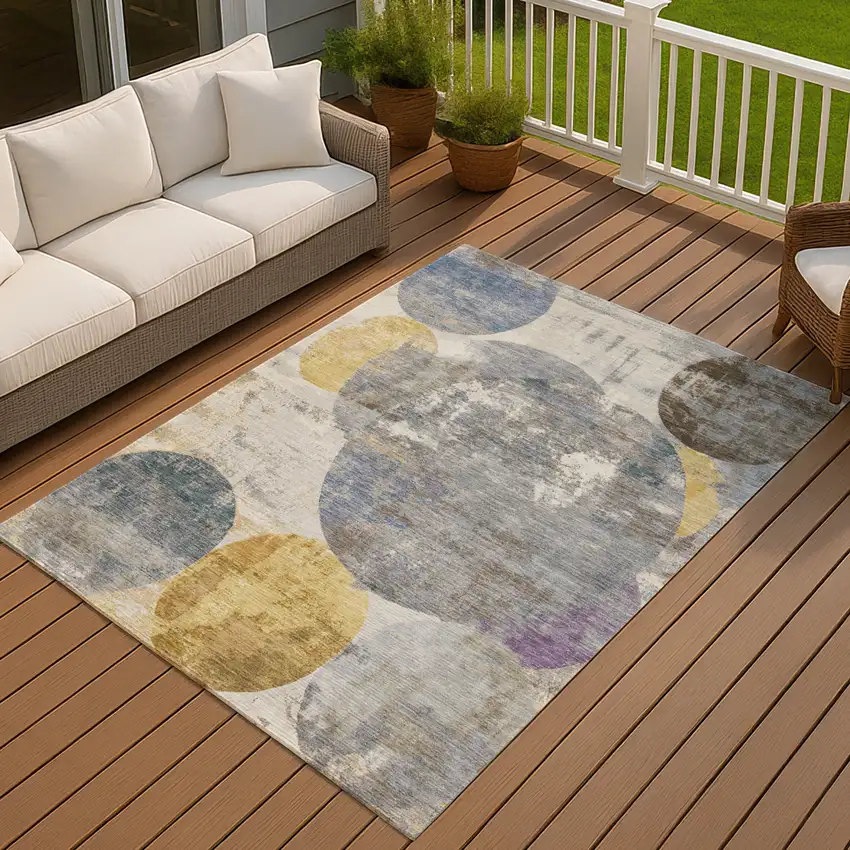 Gray Gold And Ivory Geometric Washable Indoor Outdoor Area Rug Photo 4