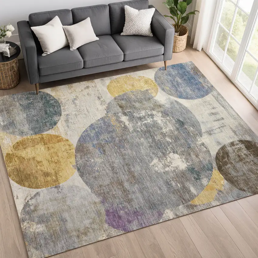 Gray Gold And Ivory Geometric Washable Indoor Outdoor Area Rug Photo 5